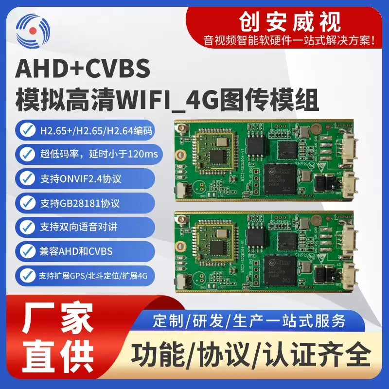 AHD/CVBS模拟转网络模组 4G/WiFi无线监控GB28181低延时图传板
